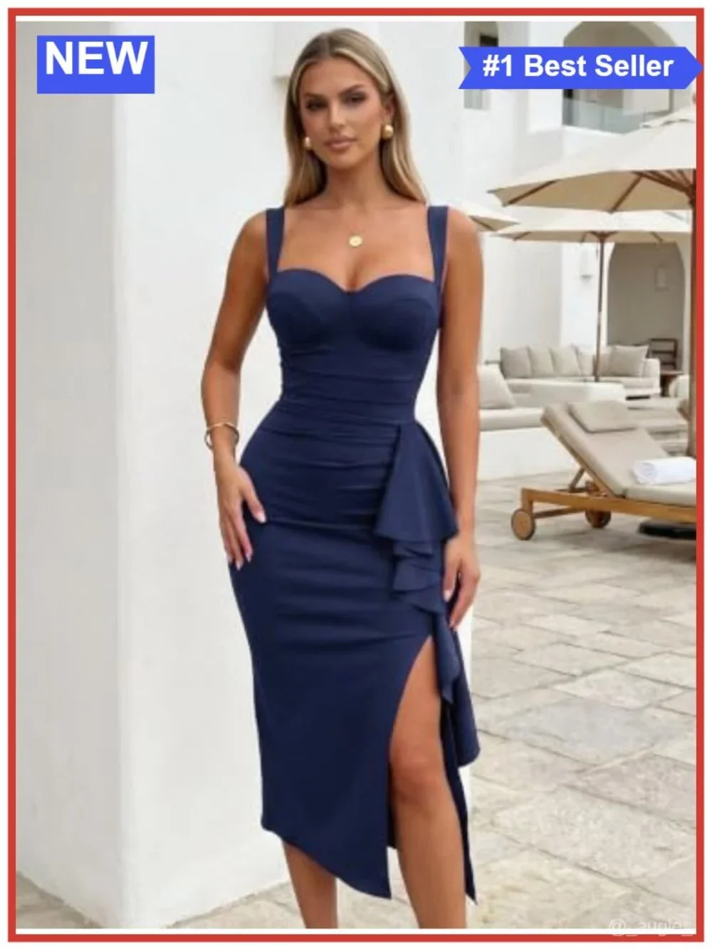 Ruched Bodycon Midi Dress Built-In Bra Sweetheart Neckline Formal Party